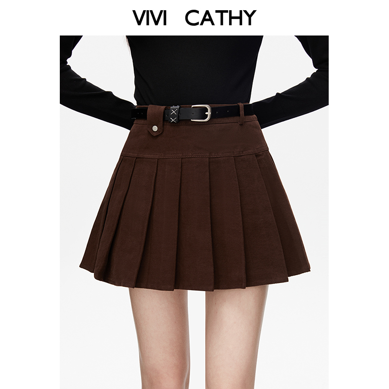 VIVICATHY辣妹咖色百褶裙女2025秋冬新款小个子穿搭半身裙短裙子