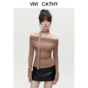 VIVICATHY2025秋纯欲风一字肩锁骨长袖 上衣 T恤女辣妹修身 打底衫