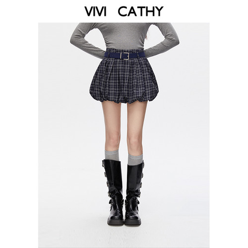 VIVICATHY2025秋学院风格纹花苞裙女藏青色高腰a字蓬蓬裙半身裙