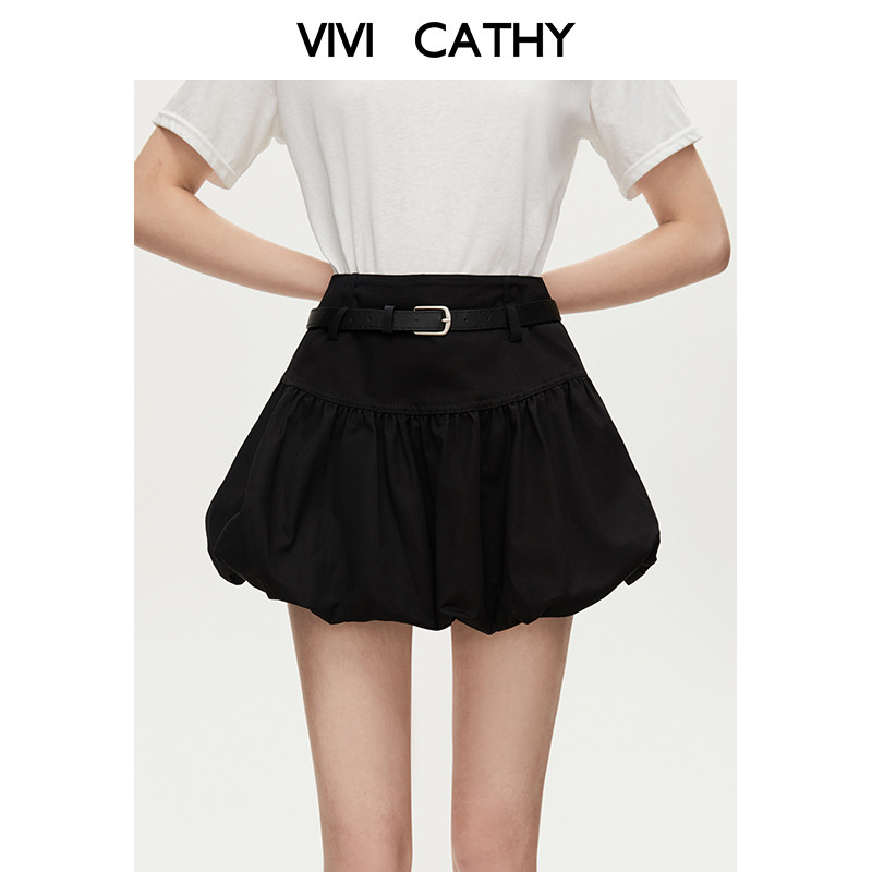VIVICATHY2026春季新黑色半身裙带腰带花苞裙防走光短裙蓬蓬裙
