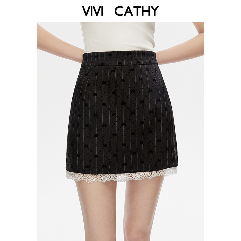VIVICATHY2025夏甜美蕾丝蝴蝶结植绒半身裙女小个子灰色条纹a裙