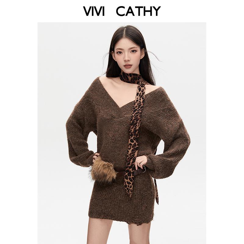 VIVICATHY2025秋冬氛围感焦糖咖长袖针织连衣裙女辣妹收腰包臀裙