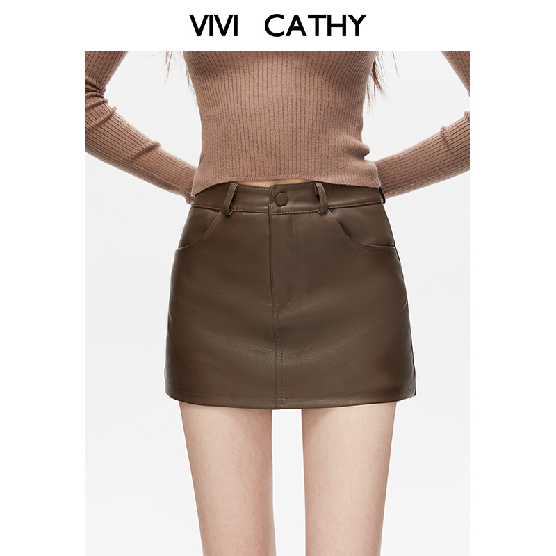 VIVICATHY2025秋冬复古辣妹PU皮短裙裤女显瘦修身A字包臀短裤