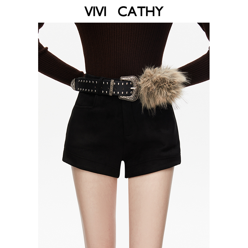 VIVICATHY麂皮短裤女装2025秋冬季新款今年流行爆款辣妹风靴裤子