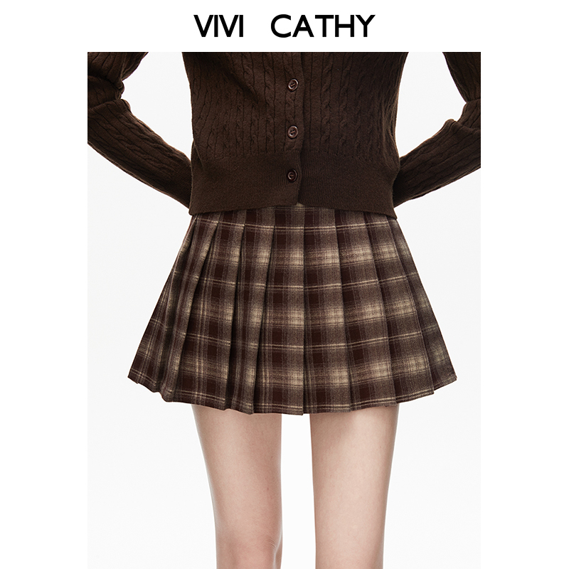 VIVICATHY咖色格子a字半身裙百褶裙女2025秋冬季新款学院风JK短裙