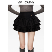 VIVICATHY2025秋冬美拉德甜酷麂皮半身裙女高腰蓬蓬蛋糕短裙伞裙