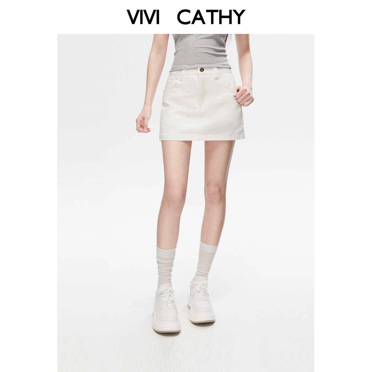 VIVICATHY2026夏季白色A字牛仔半身裙女短款简约防走光高腰短裙