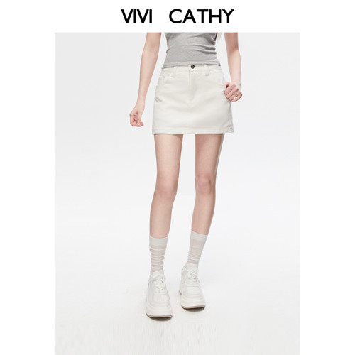 VIVICATHY2026夏季白色牛仔半身裙女韩系简约防走光高腰ａ字短裙