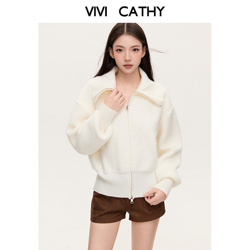 VIVICATHY2025秋冬慵懒大翻领毛衣开衫女宽松双拉链针织外套上衣