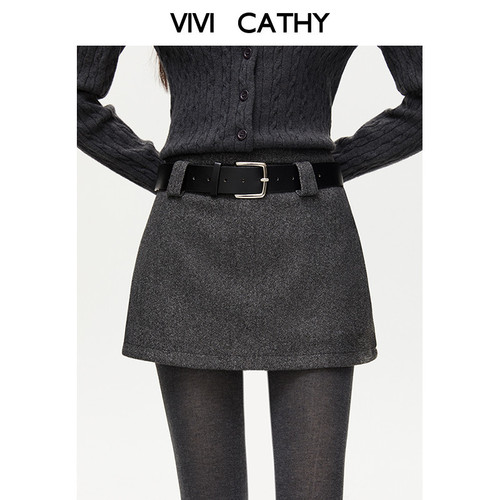 VIVICATHY2025秋冬复古佰搭毛呢腰带半身裙女低腰a字包臀短裙黑
