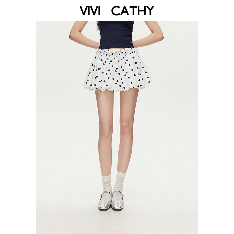 VIVICATHY2025夏季美式复古白色波点半身裙女高腰显瘦花苞短裙