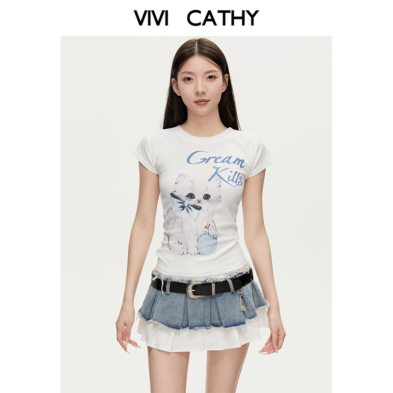 VIVICATHY2025夏辣妹白色猫咪印花圆领短袖T恤女正肩修身显瘦上衣