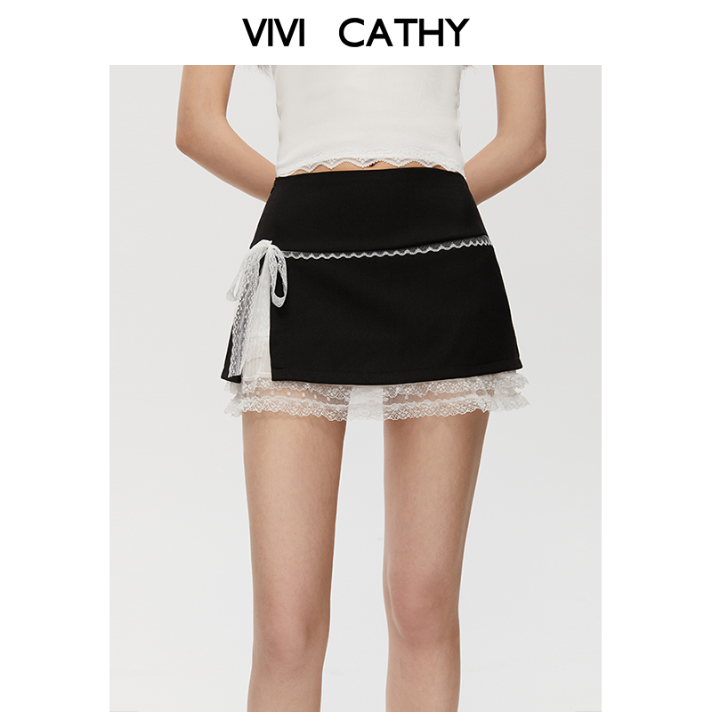 VIVICATHY高腰撞色蕾丝半身裙