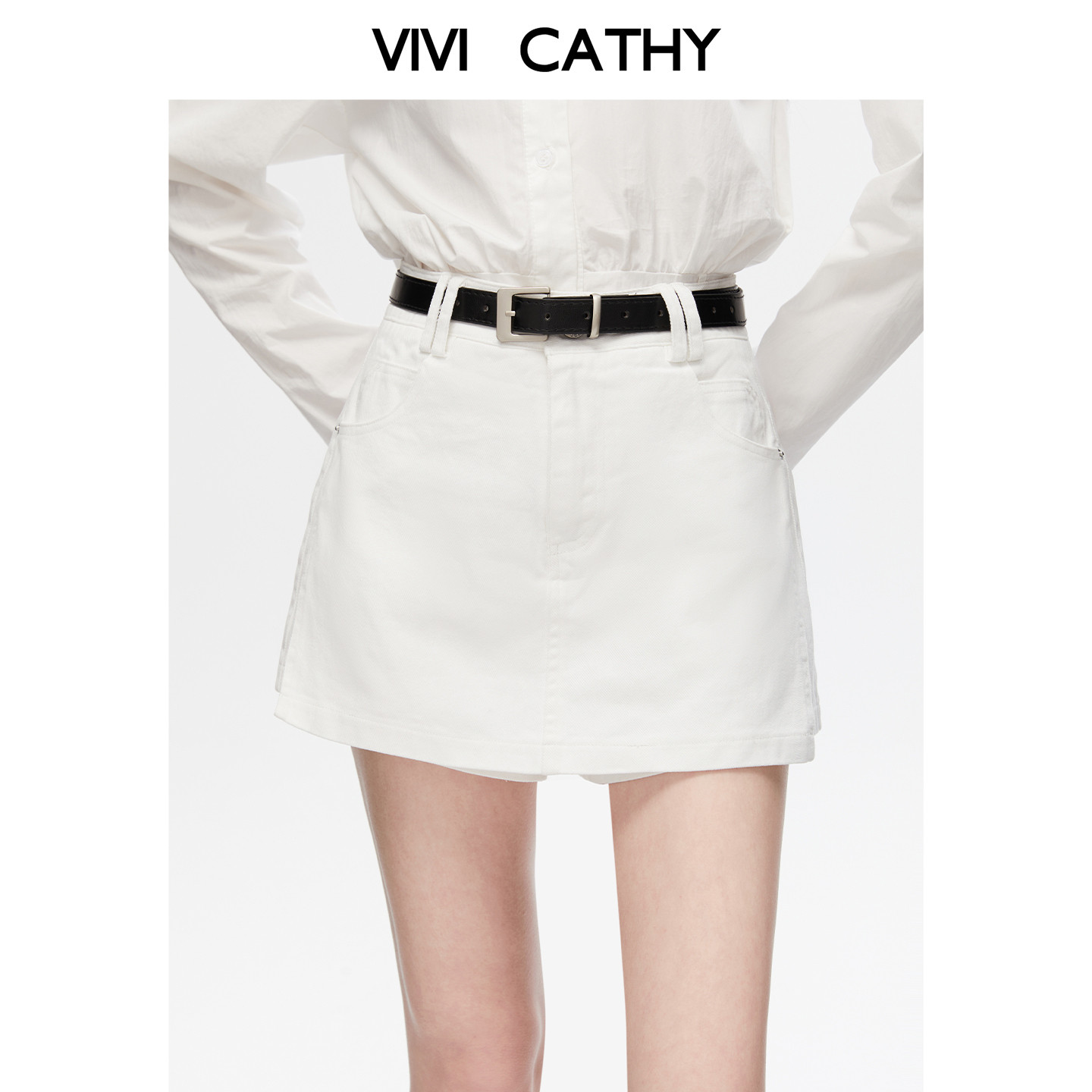 VIVICATHY白色牛仔半身裙女夏季新款韩系简约防走光高腰ａ字短裙