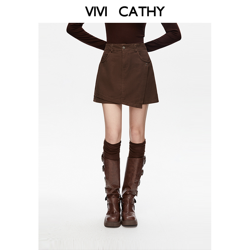 VIVICATHY2025秋韩系小众斜搭片a字半身裙女高腰显瘦气质短裙黑