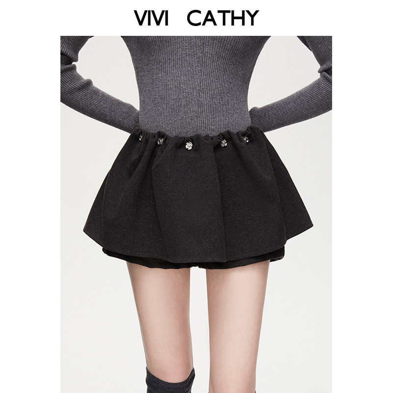 VIVICATHY2025法式毛呢蓬蓬半身裙女冬季高腰A字遮肉大摆短裙