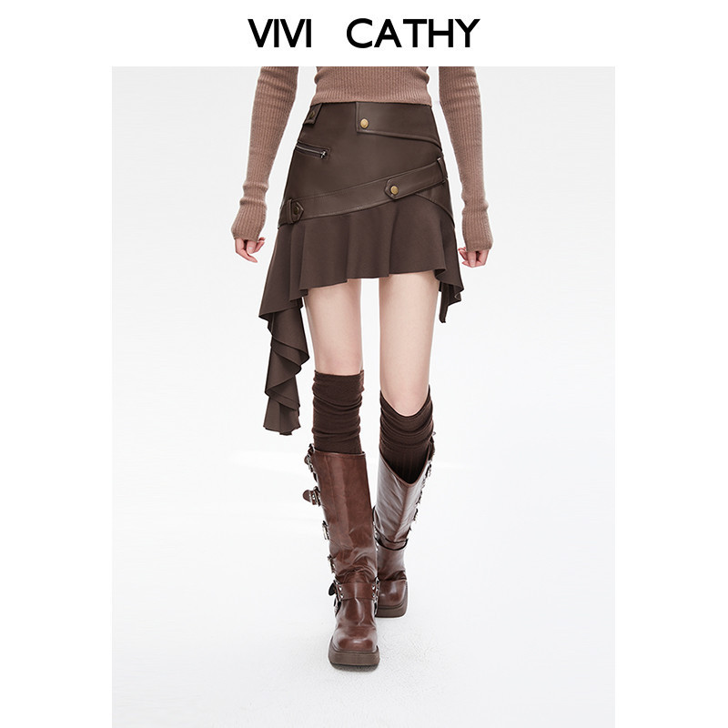 VIVICATHY2025秋冬美式复古设计感不规则辣妹拼接pu皮包臀短裙,女装/女士精品,半身裙,淘宝优惠券,粉丝福利购,淘宝优惠卷