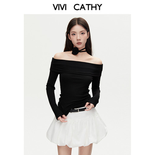 VIVICATHY2025秋季黑色露肩长袖T恤女一字肩花朵设计感修身上衣