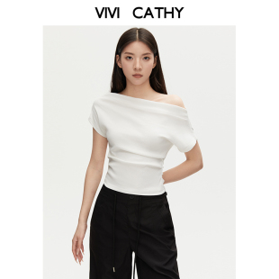 T恤女白色修身 VIVICATHY2025夏一字肩斜肩短袖 气质露肩针织上衣