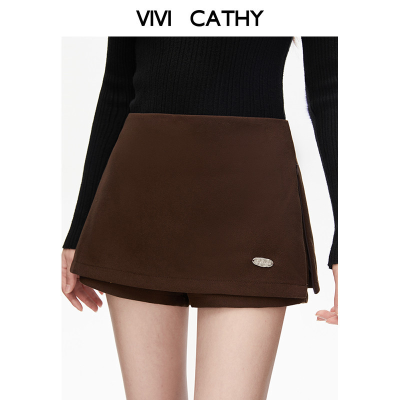 VIVICATHY2025秋冬低腰毛呢半身裙女复古美拉德佰搭包臀裤裙靴裤