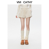 外穿裤 VIVICATHY白色仿羊羔绒短裤 女25秋冬高腰毛绒保暖靴裤 子