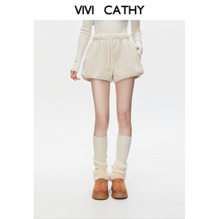 VIVICATHY白色仿羊羔绒短裤女25秋冬高腰毛绒保暖靴裤外穿裤子
