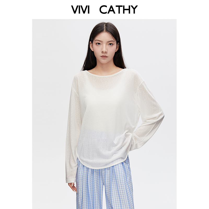 VIVICATHY2025夏白色长袖T恤女薄款宽松慵懒风空调衫套头罩衫上衣