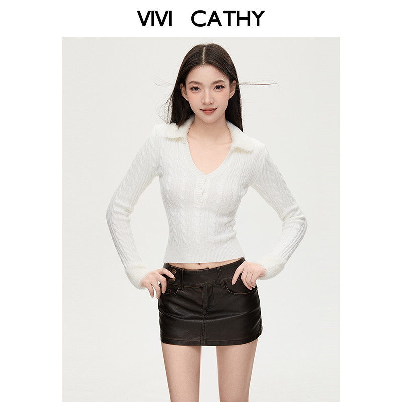 VIVICATHY2025秋冬韩系甜辣毛毛领拼接长袖针织女修身打底衫上衣
