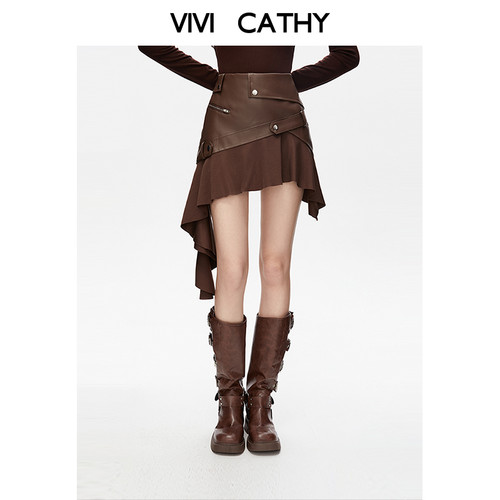 VIVICATHY2026春不规则高级感皮裙女美拉德高腰荷叶边拼接半身裙