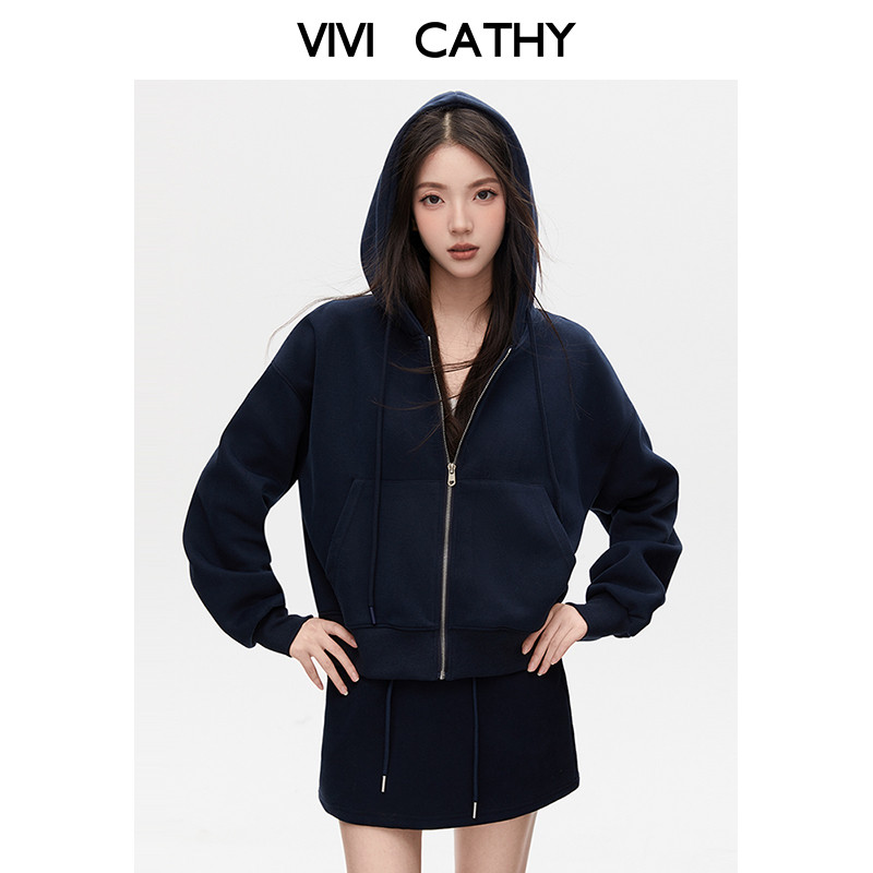 VIVICATHY2025秋冬藏青色连帽运动卫衣套装女松弛感半身裙两件套,女装/女士精品,时尚套装,淘宝优惠券,粉丝福利购,淘宝优惠卷