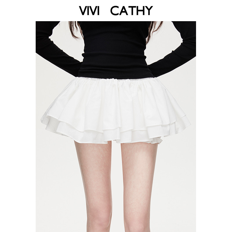 VIVICATHY2026春夏芭蕾风白色半身裙女纯欲辣妹蓬蓬蛋糕裙超短裙