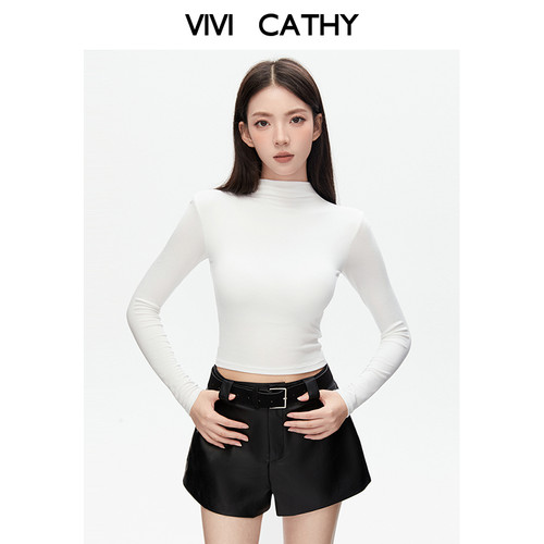 VIVICATHY2026春辣妹长袖T恤女修身半高领含胸垫白色打底上衣短