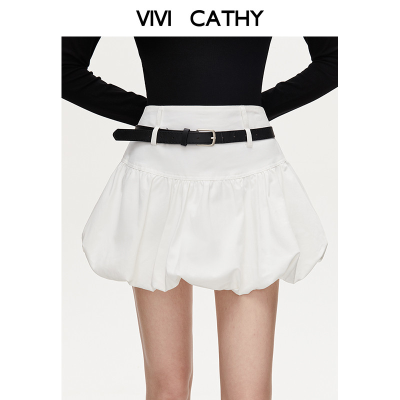 VIVICATHY2026春季白色半身裙小个子花苞裙安全裤显瘦短裙蓬蓬裙