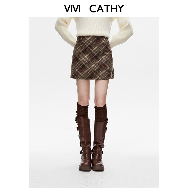 VIVICATHY美拉德气质a字半身裙女2025冬季新款超好看复古格子短裙,女装/女士精品,半身裙,淘宝优惠券,粉丝福利购,淘宝优惠卷