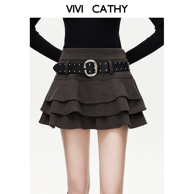 VIVICATHY2025秋冬复古甜辣妹蛋糕短裙女设计感高腰a字毛呢半裙