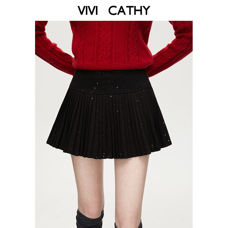 VIVICATHY2025秋冬设计感细闪毛呢半身裙女好药显瘦佰搭百褶裙黑