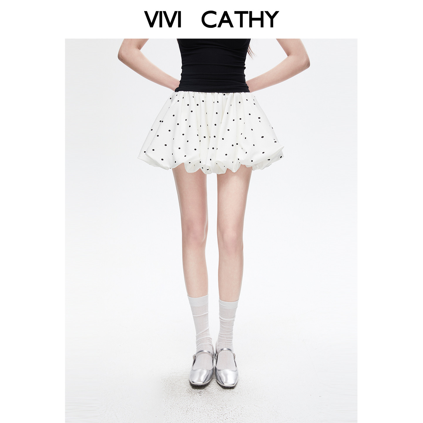 VIVICATHY2026春夏韩系甜美波点蓬蓬花苞裙A字防走光遮胯短裙