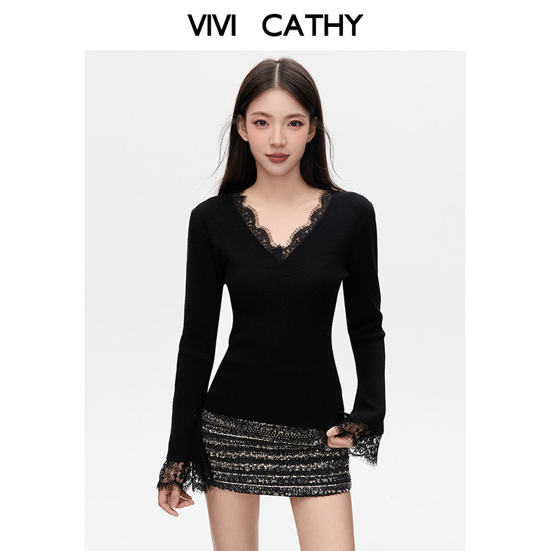VIVICATHY2025秋冬黑色针织长袖打底衫女花边蕾丝拼接修身上衣