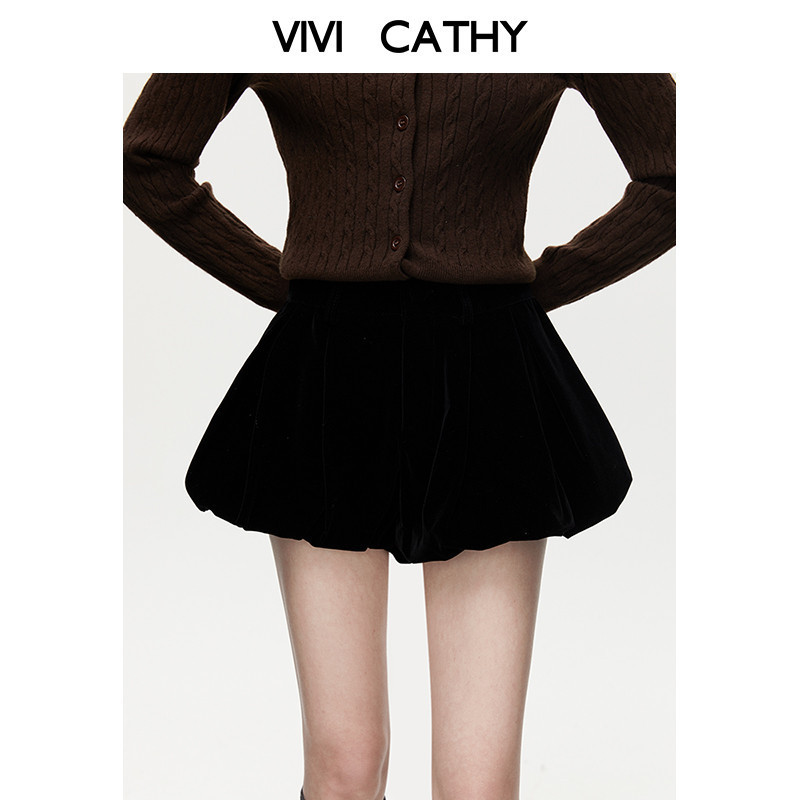 VIVICATHY2025秋冬甜美蓬蓬丝绒南瓜短裤女高腰显瘦a字花苞裤黑,女装/女士精品,休闲裤,淘宝优惠券,粉丝福利购,淘宝优惠卷