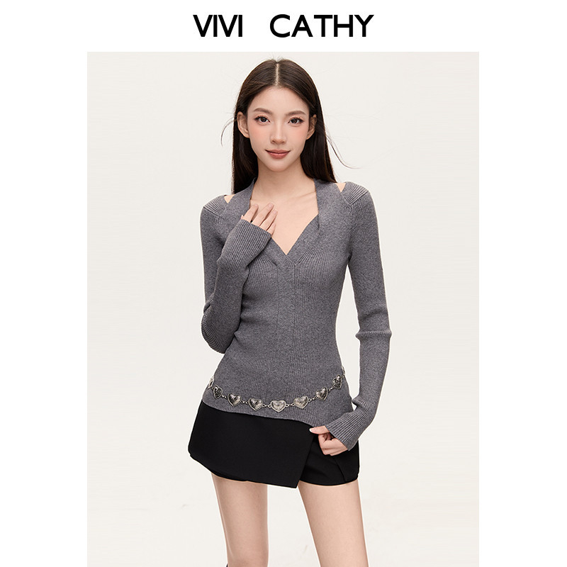 VIVICATHY2025秋冬精致修身长袖针织衫上衣女气质V领打底上衣