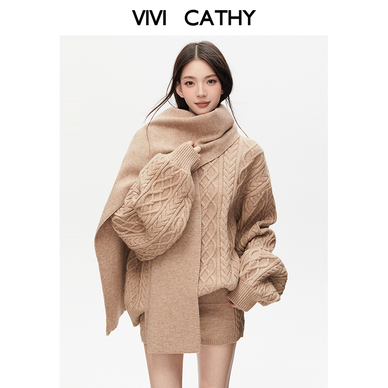 VIVICATHY2025秋冬慵懒风韩系针织套装麻花毛衣短裤围巾三件套