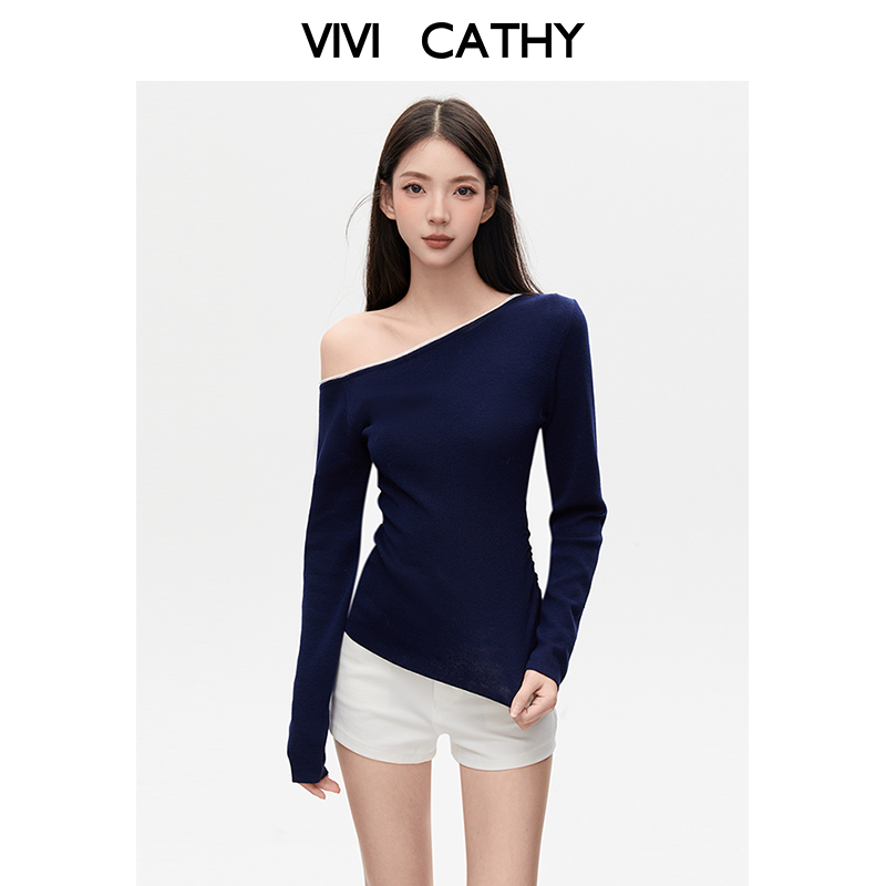 VIVICATHY2025秋冬灰色斜肩长袖T恤女高级感一字肩修身打底上衣