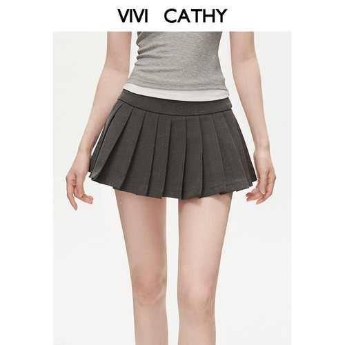 VIVICATHY2025夏百褶半身裙女小个子jk短款灰色a字高腰超短裙
