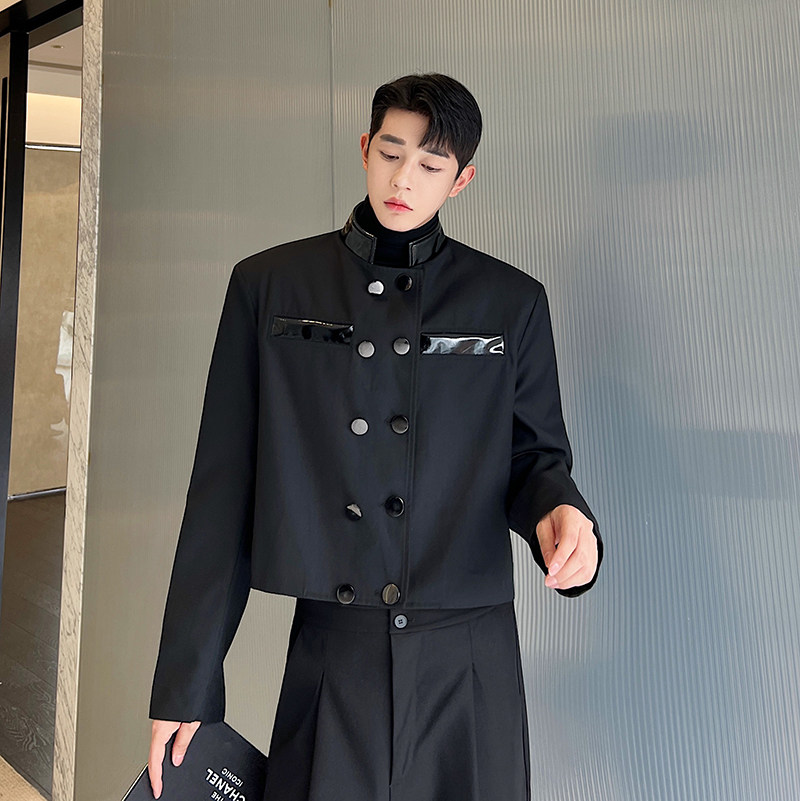 2024秋季金属扣PU皮拼接立领短款西服外套W10254P115,男装西服,电商B252