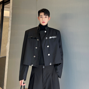 2024秋季金属扣PU皮拼接立领短款西服外套W10254P115
