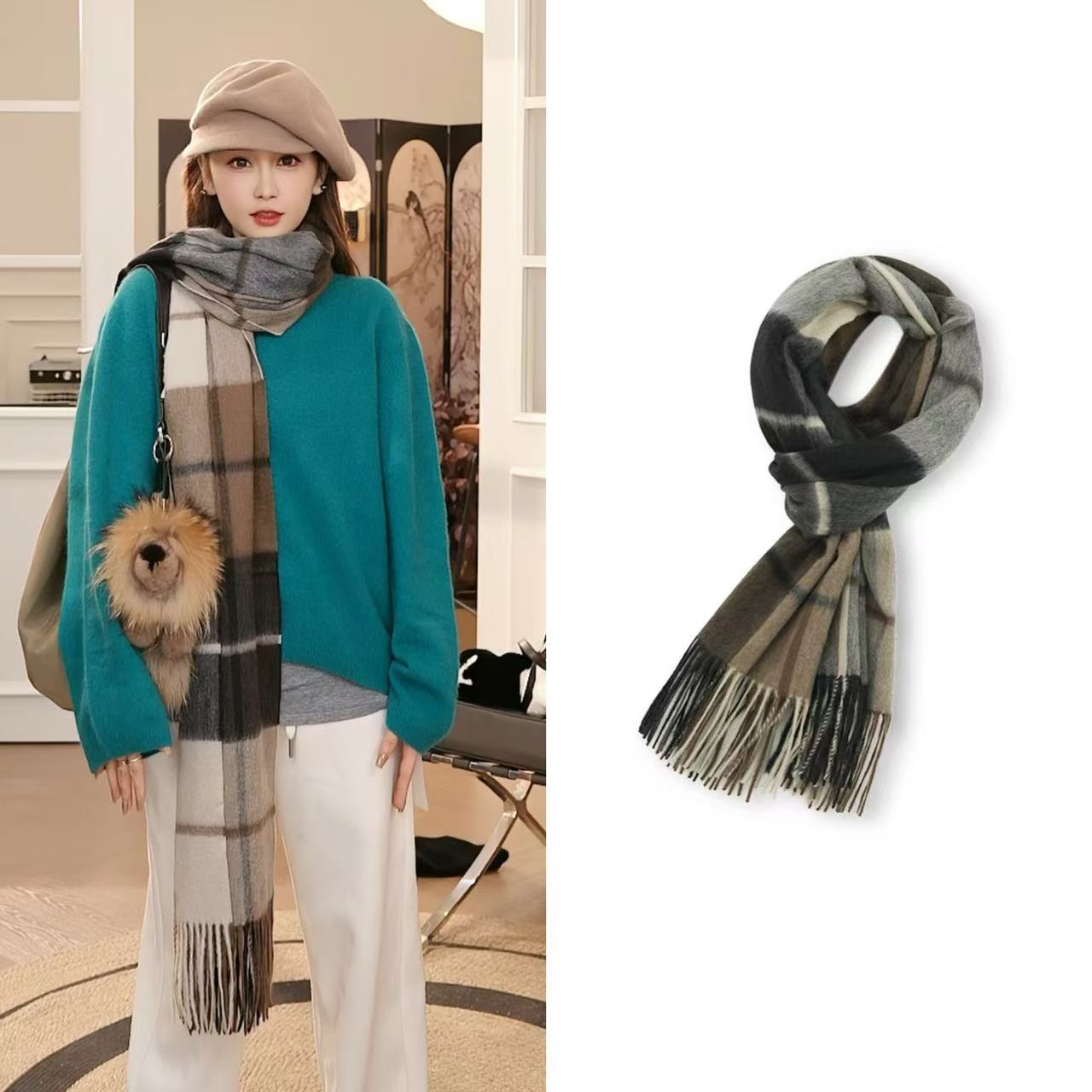 【粉红爷爷】100%羊绒韩版流苏格子围巾4JDMCB270