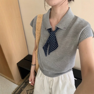 POLO领波点丝巾冰丝无袖 夏日漂亮小上衣 针织衫 背心t恤女2025新款