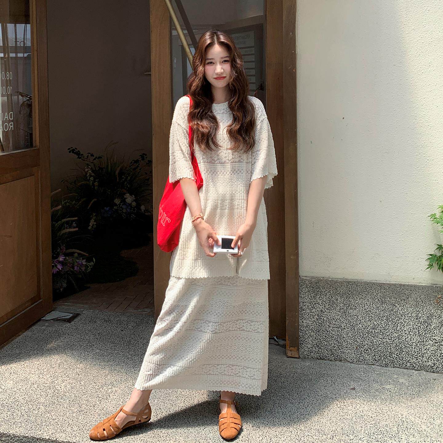 米白色法式蕾丝慵懒风套装女2025夏新款休闲 宽松短袖半身裙两件