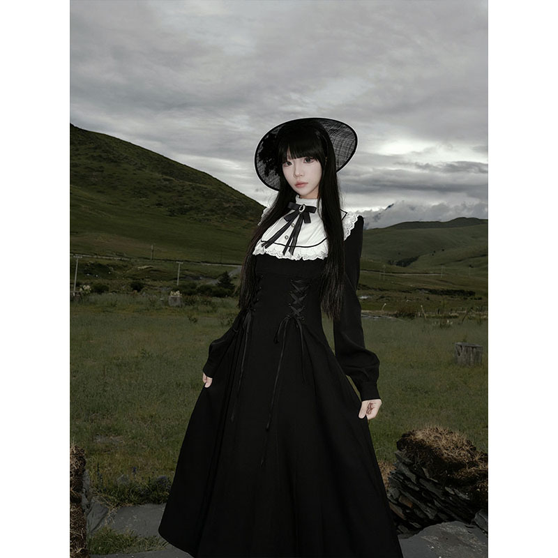 法式复古气质收腰蕾丝蝴蝶结连衣裙女秋季新款暗黑系小众优雅长裙