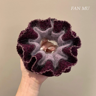 秋冬兔毛针织撞色双层大肠发圈女韩系2025新款 气质百搭头绳发饰品